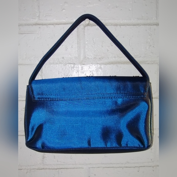 Vintage 90s Multi Textile Iridescent Blue Baguette Bag 9x5.5in - Picture 2 of 3